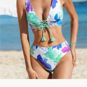 Cupshe White Floral Lace-Up Bikini with Green Blue Purple Accents